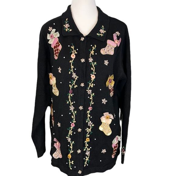 Vintage Christmas Sweater 3D Size Large Stockings Bows Grandma Ugly Beaded - Picture 1 of 10